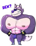 absurd_res canid canine canis clothed clothing english_text eye_patch eyewear hi_res janjauwu jockstrap looking_at_viewer male mammal muscular nintendo nipples simple_background solo star_fox teeth_showing text topless underwear wolf wolf_o&#039;donnell
