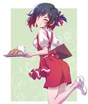  anna_miller apron black_hair blouse commentary_request cookie cup food hair_ribbon highlights iesupa menu mug multicolored_hair one_eye_closed plate red_hair red_skirt ribbon ruby_rose rwby skirt smile solo tied_hair tray waitress white_blouse 