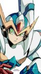  1boy absurdres arm_cannon armor artist_name falcon_armor_x_(mega_man) green_eyes helmet highres looking_to_the_side mega_man_(series) mega_man_x_(series) simple_background solo twitter_username upper_body weapon white_background windnevermind x_(mega_man) 