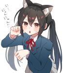  1girl :o animal_ear_fluff animal_ear_hairband animal_ears black_hair blue_shirt blush brown_eyes cat_ear_hairband cat_ears collared_shirt enipa_28 fake_animal_ears grey_skirt hair_between_eyes hairband hands_up highres k-on! long_hair long_sleeves looking_at_viewer nakano_azusa neck_ribbon nyan parted_lips paw_pose red_ribbon ribbon school_uniform shirt sidelocks simple_background skirt solo sweatdrop teeth twintails undershirt upper_body upper_teeth_only white_background 