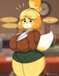 2024 animal_crossing anthro artist_name big_breasts black_eyes blonde_hair blurred_background blush bottomwear breasts canid canine canis clothed clothing curvy_figure dialogue dipstick_tail domestic_dog english_text eyebrow_through_hair eyebrows eyelashes female floppy_ears fully_clothed hair holidays huge_breasts inside isabelle_(animal_crossing) mammal markings miniskirt nintendo shih_tzu short_hair skirt solo speech_bubble startop sweater tail tail_markings text thick_thighs topwear toy_dog translucent translucent_hair twitter_handle valentine&#039;s_day voluptuous wide_hips