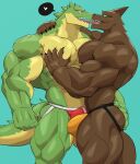 2024 anatake anthro anthro_on_anthro anubian_jackal arm_around_shoulders barazoku biceps big_bulge big_muscles blue_background brother_(lore) brothers_(lore) bulge bulge_frottage canid canine canis claws clothed clothing crocodile crocodilian crocodylid deltoids duo french_kissing fur hand_on_butt hand_on_chest hand_on_pecs hand_on_shoulder heart_symbol hi_res hug huge_muscles incest_(lore) jackal jockstrap jockstrap_only kissing league_of_legends male male/male mammal muscular muscular_anthro muscular_male nasus_(lol) nipples obliques open_mouth open_smile pec_grab pec_squish pecs pictographics quads renekton reptile riot_games scales scalie serratus sibling_(lore) simple_background smile speech_bubble squish standing teeth thick_thighs topless topless_anthro topless_male triceps tuft underwear underwear_only