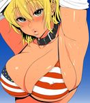  ahoge american_flag_bikini armpits bikini blonde_hair blush breasts collar dark_skin flag_print green_eyes large_breasts lips mito_ikumi pouty_lips shokugeki_no_souma short_hair solo sweat swimsuit thick_lips youshu_ohepe 