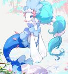 asterozoan beady_eyes blue_eyes blue_hair detailed_background echinoderm female feral generation_7_pokemon hair long_hair marine nintendo partially_submerged pokemon pokemon_(species) primarina solo starfish tropical white_eyelashes yosame0a