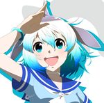  :d artist_name bangle blue_eyes blue_hair blue_shirt blush bracelet collarbone common_bottlenose_dolphin_(kemono_friends) eyebrows_visible_through_hair hair_between_eyes head_fins head_tilt highres japari_symbol jewelry kemono_friends looking_at_viewer multicolored_hair neckerchief open_mouth sailor_collar shirt short_sleeves signature silhouette smile solo stylecase two-tone_hair upper_body white_background white_hair 