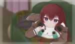  1girl black_footwear black_pantyhose blurry blurry_background border brown_jacket couch depth_of_field dot_nose hair_between_eyes highres holding holding_stuffed_toy indoors jacket jitome kanzaki_nyo light_blush long_hair looking_at_viewer lying makise_kurisu on_stomach pantyhose parted_lips purple_eyes red_hair shirt short_shorts shorts solo steins;gate stuffed_toy twitter_username white_shirt 