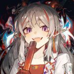  1girl abstract_background acidinjection arknights close-up collared_jacket dragon_girl dragon_horns earrings evil_smile fangs glint grey_hair highres holding horns jacket jewelry light_particles long_hair looking_at_viewer multicolored_hair nian_(arknights) open_clothes open_jacket open_mouth orange_hair orange_horns pink_eyes pointy_ears portrait smile solo streaked_hair teeth white_jacket 