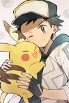  1boy ;) affectionate black_gloves black_headwear blush brown_eyes closed_mouth commentary fingerless_gloves gloves happy hat highres jacket male_focus official_alternate_costume one_eye_closed pikachu pokemon pokemon_(creature) pokemon_masters_ex rata_(m40929) red_(pokemon) red_(sygna_suit)_(thunderbolt)_(pokemon) short_hair smile spiked_hair upper_body white_jacket 