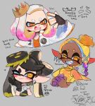  3girls :3 black_gloves blonde_hair bow-shaped_hair callie_(splatoon) colored_eyelashes commentary_request crown dark-skinned_female dark_skin earrings food food_on_head frye_(splatoon) gloves gradient_hair grey_background highres hoop_earrings inkling jacket jewelry korean_commentary korean_text long_hair long_pointy_ears medium_hair mole mole_under_eye mole_under_mouth multicolored_hair multiple_girls object_on_head one_eye_closed open_clothes open_jacket open_mouth pearl_(splatoon) pink_hair pointy_ears purple_hair rapop sharp_teeth shawl simple_background smile species_connection splatoon_(series) star-shaped_pupils star_(symbol) sushi symbol-shaped_pupils teeth tentacle_hair thick_eyebrows tooth_earrings two-tone_hair white_hair white_jacket yellow_eyes yellow_pupils yellow_shawl 