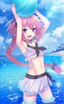  astolfo_(fate) ball beachball black_bow blue_sky blush bow braid cloud commentary_request day fang fate/apocrypha fate_(series) hair_ribbon highres long_hair looking_at_viewer male_focus midriff navel open_mouth otoko_no_ko outdoors pantsu_majirou pink_hair purple_eyes ribbon sarong single_braid sky smile solo 