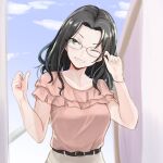  1girl ;d belt_buckle bespectacled black_hair blush bracelet breasts buckle collarbone forehead glasses grin head_tilt highres idolmaster idolmaster_cinderella_girls jewelry medium_breasts one_eye_closed pink_shirt round_eyewear shirt smile solo soma_natsumi unu_(unucence) 