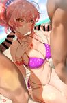  2boys absurdres bar_censor beach bikini blush breasts bukkake censored cleavage cum cum_on_hair dark_skin dark_skinned_male day erection facial handjob heart heart-shaped_pupils highres idolmaster idolmaster_cinderella_girls jougasaki_mika large_breasts long_hair male_pubic_hair multi-strapped_bikini multiple_boys multiple_penises outdoors penis pink_hair ponytail pubic_hair smile solo_focus swimsuit symbol-shaped_pupils yang-do yellow_eyes 