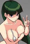  breasts collarbone covering covering_breasts green_hair grey_background large_breasts looking_at_viewer medium_breasts nakaba natsume_(pokemon) pokemon pokemon_(anime) pokemon_(game) pokemon_rgby purple_eyes simple_background solo spoon v 