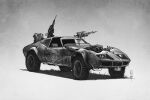  car chevrolet chevrolet_corvette chevrolet_corvette_c3 engine english_commentary greyscale harpoon harpoon_gun highres mad_max mad_max:_fury_road monochrome motor_vehicle no_humans shadow shanemolina sports_car turret vehicle_focus 