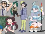  1boy 5girls aged_up ahoge black_hair blue_headwear blush breasts brown_footwear brown_hair chalkboard chibi closed_mouth collared_shirt commentary_request eyelashes flying_sweatdrops golf_club green_hair grey_background grey_eyes grey_shirt hat highres holding holding_golf_club holding_pointer jacket kahili_(pokemon) long_hair looking_down mole mole_under_eye multiple_girls nutkingcall orange_socks pantyhose pleated_skirt pointer pokemon pokemon_oras pokemon_sm pokemon_sv poppy_(pokemon) rika_(pokemon) roxanne_(pokemon) sex_ed shirt shoes skirt socks squatting standing sweatdrop team_star_grunt visor_cap youngster_(pokemon) 