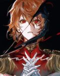  1boy absurdres akechi_gorou bishounen black_background claws english_text eyelashes facing_viewer gloves hair_between_eyes highres image_sample izumi_(ezzm3832) light_brown_hair looking_at_viewer male_focus own_hands_together pale_skin parted_lips persona persona_5 portrait red_eyes ringed_eyes short_hair sidelighting solo white_gloves 