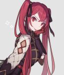  :p double-parted_bangs fire_emblem fire_emblem_fates gambeson gloves grey_background haconeri long_hair looking_at_viewer red_eyes red_gloves red_hair selena_(fire_emblem_fates) simple_background sparkle tongue tongue_out twintails 