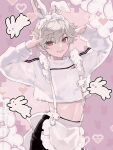  1boy ahoge animal_ears apron arms_up bishounen blush crop_top frilled_apron frilled_hairband frills grey_hair hair_between_eyes hairband heart highres looking_at_viewer male_focus midriff open_mouth original pastel_colors pink_background pixel_heart potti-p rabbit rabbit_boy rabbit_ears red_eyes shiny_skin short_hair smile solo standing upper_body watermark 