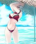  arm_strap arms_up bangs bikini blue_sky blunt_bangs breasts carmilla_(fate/grand_order) cleavage cloud cloudy_sky commentary_request day eyebrows_visible_through_hair fate/grand_order fate_(series) grey_hair hands_in_hair large_breasts long_hair looking_at_viewer moriyama_ei navel ocean outdoors ponytail red_bikini sky solo standing summertime_mistress_(fate/grand_order) swimsuit thighs wading wavy_hair yellow_eyes 
