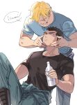  2boys ao_isami black_hair blonde_hair blue_jumpsuit blush bottle closed_eyes cowboy_shot green_jumpsuit holding holding_another&#039;s_head holding_bottle jumpsuit jumpsuit_around_waist lewis_smith looking_at_another looking_up male_focus multiple_boys muscular muscular_male shirt short_hair sideburns sitting speech_bubble white_background yaoi yuuki_bakuhatsu_bang_bravern 