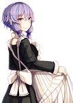  alternate_costume apron black_dress commentary_request dress enmaided from_behind hair_between_eyes hair_ornament looking_at_viewer looking_back maid maid_apron plan_(planhaplalan) purple_eyes purple_hair short_hair_with_long_locks sidelocks smile solo vocaloid voiceroid yuzuki_yukari 