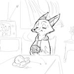  anthro beverage black_and_white canine chair clothed clothing cup curtains disney eyes_closed female fox interior mammal monochrome mrs_wilde plant pot_(disambiguation) replytoanons sitting smile solo table tea television window zootopia 