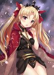  :o arm_support bad_id bad_twitter_id black_dress blonde_hair blush breasts cape commentary_request detached_collar dress earrings ereshkigal_(fate/grand_order) fate/grand_order fate_(series) gold_trim hair_ribbon hand_up harimoji head_tilt highres jewelry long_hair looking_at_viewer looking_to_the_side medium_breasts red_cape red_eyes red_ribbon ribbon short_dress skull solo spine thighs tiara twintails 