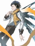  1boy axelstool black_hair black_pants blue_eyes buttons commentary feet_out_of_frame from_side hair_slicked_back highres long_sleeves looking_at_viewer male_focus mochizuki_ryouji mole mole_under_eye pants parted_lips persona persona_3 profile scarf shirt short_hair solo white_background white_shirt yellow_scarf 