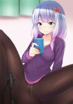  bangs blue_eyes blurry blush bow breasts cellphone cleavage commentary_request depth_of_field doyachii eromanga_sensei hair_bow highres izumi_sagiri long_hair medium_breasts no_shoes panties panties_under_pantyhose pantyhose parody phone pink_bow sexually_suggestive silver_hair smartphone solo spread_legs style_parody tablet underwear 