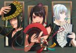  1boy 2girls akakokko_(niro_azarashi) akane-banashi black_shirt blue_eyes blue_hair colored_eyelashes earrings folding_fan hair_bun hand_fan holding holding_fan jewelry koragi_hikaru multiple_girls nerimaya_karashi open_mouth osaki_akane_(akane-banashi) pink_eyes reaching reaching_towards_viewer red_nails shirt short_hair tassel teeth 