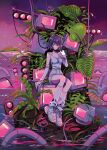  1girl artist_name bug butterfly cable detached_sleeves expressionless foliage full_body glowing_butterfly highres leaf looking_at_viewer loose_socks monitor myon_(tokipi) original pink_sky plant potted_plant purple_eyes purple_hair purple_sky shoes short_hair sitting sky sneakers socks solo sparkle television traffic_light water wire 