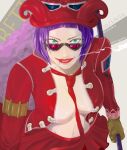  asuka_shirogane belo_betty blue_eyes bob_cut breasts character_name cigarette commentary_request dated gloves goggles goggles_on_headwear hat_feather highres holding holding_stick jacket looking_at_viewer necktie one_piece open_clothes open_jacket purple_hair red-tinted_eyewear red_headwear red_jacket red_lips red_necktie red_skirt skirt smoke stick sunglasses tinted_eyewear twitter_username upper_body 