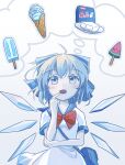  1girl alternate_costume bag blue_bag blue_bow blue_eyes blue_hair blue_sailor_collar bow bowtie breasts cirno cowboy_shot detached_wings dress fang finger_to_mouth food hair_bow hand_on_own_elbow highres lbcirno9 medium_hair open_mouth popsicle red_bow red_bowtie sailor_collar sailor_dress short_sleeves shoulder_bag small_breasts solo thinking thought_bubble touhou watermelon_bar white_background white_dress wings 