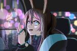  1girl :d amiya_(arknights) animal_ears arknights ascot black_jacket blue_eyes blurry bokeh brown_hair car commentary_request depth_of_field hood hooded_jacket jacket jewelry long_hair long_sleeves looking_up motor_vehicle multiple_rings night pixel_art purple_ascot rabbit_ears rabbit_girl ring smile solo sparkling_eyes thumb_ring tonbo_(abcm25ne) upper_body vehicle_interior water 