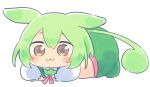  :3 animal_ears ayakashi_(monkeypanch) blush_stickers commentary double-parted_bangs elbows_on_knees full_body green_hair green_shorts long_hair low_ponytail lying neck_ribbon no_nose on_stomach puffy_short_sleeves puffy_sleeves red_ribbon ribbon shirt short_sleeves shorts simple_background voiceroid voicevox white_background white_shirt yellow_eyes zundamon 
