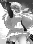 1girl absurdres blue_eyes breasts capelet character_name cowboy_shot frown fur-trimmed_capelet fur_trim girls&#039;_frontline glasses gun highres holding holding_gun holding_weapon long_hair looking_at_viewer minami_shin_(zenshuu_bougyo) monochrome pants pleated_skirt rifle rifle_cartridge skirt solo spot_color svt-38 svt-38_(girls&#039;_frontline) trigger_discipline weapon 