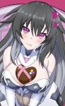  1girl :q absurdres bare_shoulders black_hair blush breast_hold breasts breasts_squeezed_together candy chocolate chocolate_on_body chocolate_on_breasts cleavage cleavage_cutout clothing_cutout covered_navel elbow_gloves food food_on_body gift gloves gray_sister_(neptunia) grey_hair hair_between_eyes head_tilt heart heart-shaped_chocolate highres large_breasts leotard long_hair maho_(neptunia) multicolored_hair neptune_(series) pink_eyes power_symbol presenting smile solo stiris_rangetsu symbol-shaped_pupils tongue tongue_out two-tone_hair v_arms valentine very_long_hair white_gloves white_leotard 