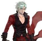  1boy belt black_gloves blue_eyes dante_(devil_may_cry) devil_may_cry_(series) devil_may_cry_2 gloves highres long_sleeves male_focus red_sleeves simple_background solo tirtyturtle white_hair 