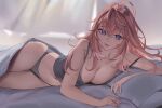  1girl ahoge aragiken bed blue_eyes breasts cleavage feathered_wings grey_panties grey_tank_top head_wings highres hololive large_breasts long_hair looking_at_viewer loungewear lying messy_hair navel on_bed on_side open_mouth panties pillow pink_hair solo takane_lui tank_top thighs under_covers underwear virtual_youtuber wide_hips wings 