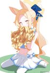  1girl absurdres animal_ear_fluff animal_ears blonde_hair blue_archive blush cheerleader extra_ears fox_ears halo highres holding holding_pom_poms long_hair looking_at_viewer murasame_(sword_of_nmkr) navel pantyhose pleated_skirt pom_pom_(cheerleading) seia_(blue_archive) simple_background skirt solo twitter_username white_background white_pantyhose white_skirt yellow_eyes yellow_halo 