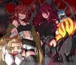  3girls amphibious_swarmship_amblowhale animal_ears armor ash_blossom_&amp;_joyous_spring barefoot breasts brown_eyes brown_hair card cleavage demon_girl demon_horns dog_ears dog_girl dog_tail english_commentary grin highres hiita_(yu-gi-oh!) hiita_the_fire_charmer horns lewdamone long_hair looking_at_viewer medium_breasts medium_hair midriff multiple_girls navel open_mouth power_connection promethean_princess_bestower_of_flames red_eyes red_hair short_shorts shorts simple_background smile tail tears thighhighs yu-gi-oh! 