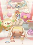  bird black_eyes blush blush_stickers brown_eyes character_doll cinderace closed_eyes commentary_request controller crane_game ditto drifblim drifloon highres joystick mokukitusui no_humans open_mouth pokemon pokemon_(creature) raboot rowlet tongue 