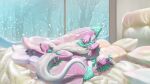 bed belly claws dragon driekiann dsw7 facial_horn feral furniture grey_claws grey_nose_horn grey_pawpads hi_res horn male mythological_creature mythological_scalie mythology nose_horn pawpads pink_body pink_scales scales scalie scaly_tail snow solo tail white_body white_scales