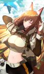  1girl ;) absurdres arknights bird breasts brown_eyes brown_hair charm_(object) commentary crop_top franka_(arknights) franka_(rainforest_me_rainbow)_(arknights) hand_up highres large_breasts liskarm_(arknights) long_hair looking_at_viewer midriff navel nikaidou_tetsuo one_eye_closed smile solo stomach upper_body very_long_hair 