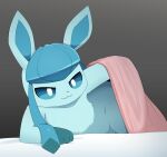 2024 :3 ambiguous_gender anthro bedding black_nose blanket blue_arms blue_body blue_ears blue_fur blue_inner_ear colored eeveelution fur generation_4_pokemon glaceon gradient_background hi_res inviting looking_at_viewer nintendo nude paws pokemon pokemon_(species) shaded simple_background solo sum