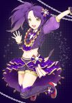  1girl :d arm_up chain collared_shirt cropped_jacket full_body hair_ornament hand_up high_heels idol_clothes jacket long_hair looking_at_viewer midriff open_mouth overskirt pretty_series pripara purple_background purple_hair purple_jacket purple_shorts red_footwear shirt shorts side_ponytail smile solo toudou_shion unya_(unya-unya) white_shirt wrist_cuffs yellow_eyes 