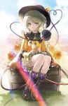  1girl black_hat cup drinking_glass flower green_eyes green_hair green_skirt highres holding holding_cup jacket komeiji_koishi l.f. lens_flare looking_at_viewer short_hair sitting skirt smile solo sunflower touhou white_flower yellow_flower yellow_jacket 