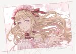  1girl alternate_costume artist_name blonde_hair blunt_bangs bow cagliostro_(granblue_fantasy) cherry_blossoms commentary_request cropped_shoulders dress floating_hair flower frilled_dress frilled_shirt_collar frilled_sleeves frills granblue_fantasy grin head_wreath headband long_hair multicolored_clothes multicolored_dress off_shoulder outstretched_hand petals pink_dress pink_flower pota_(bluegutty) purple_eyes red_bow sidelocks signature smile solo tree twitter_username 