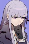  1girl black_gloves black_ribbon bowknot_huhu close-up collared_shirt danganronpa:_trigger_happy_havoc danganronpa_(series) gloves hair_ribbon hand_on_own_chin jacket kirigiri_kyoko necktie purple_background purple_eyes purple_hair purple_jacket red_necktie ribbon ringed_eyes shirt simple_background solo thinking white_shirt 