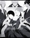  5boys black_hair black_robe collared_shirt facial_mark glasses highres kaldo_gehenna lance_crown long_sleeves margarette_macaron mash_burnedead mashle monochrome multiple_boys musical_note necktie orter_madl robe saeki_37 shirt short_hair sidelocks vest wand yellow_eyes 